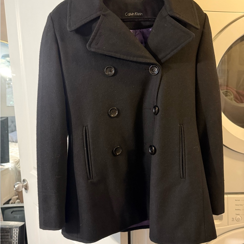 Calvin Klein Black Pea Coat with Notched Lapel